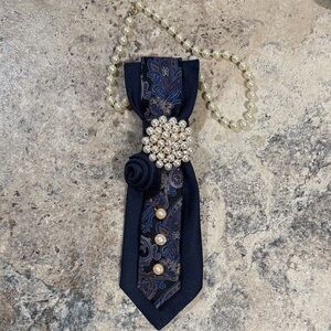 Pearl-Accented Navy Paisley Women’s Neck Tie Necklace or as Lapel Pin